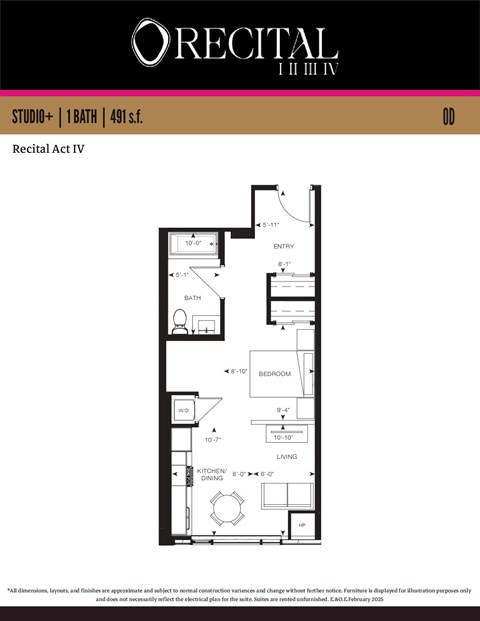 Floor plan for studio, 1 bath, 491 sqft